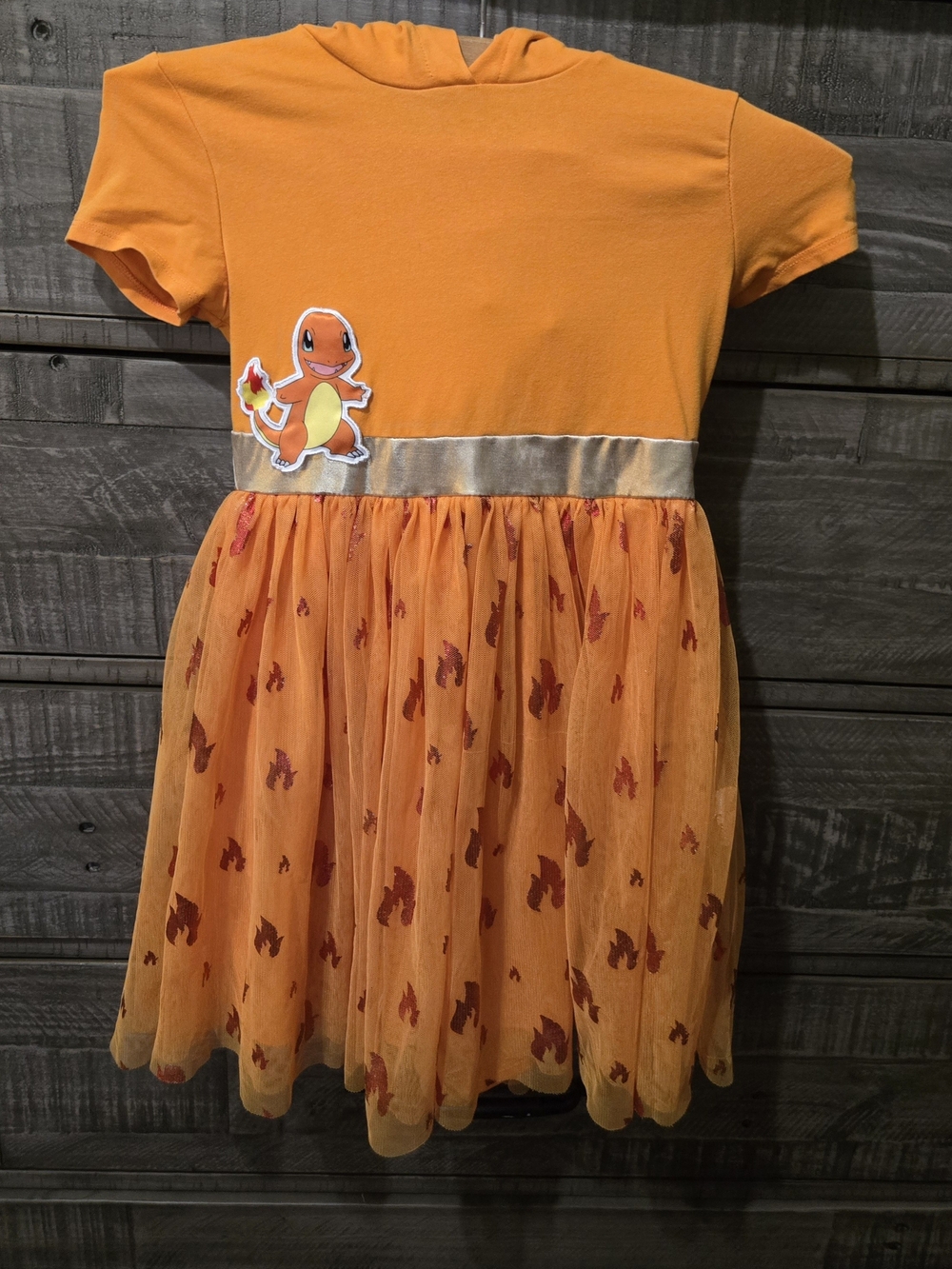 Pokémon Charmander Hooded Tulle Dress Girls Size 6/7 Orange Costume Dress